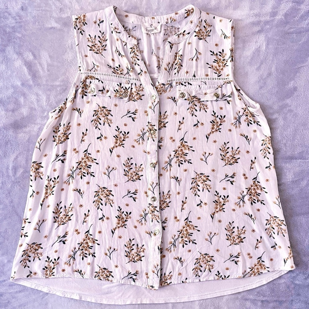EMBER Blouse Womens Large White Floral Sleeveless Relaxed Soft Casual Chic